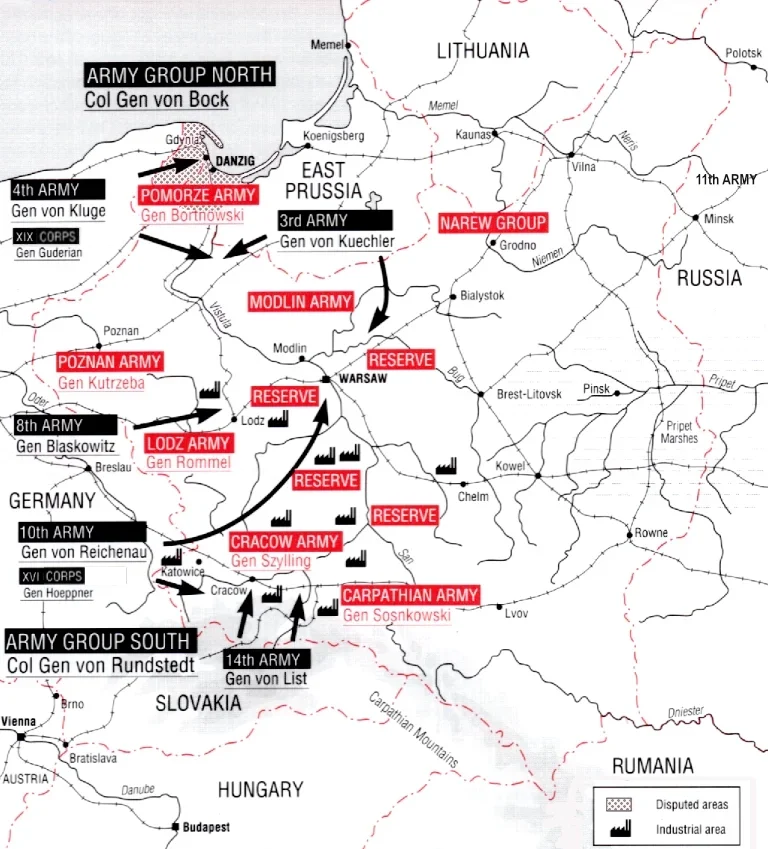 Map showing the German invasion of Poland in September 1939 with Army Groups North and South advancing toward Warsaw
