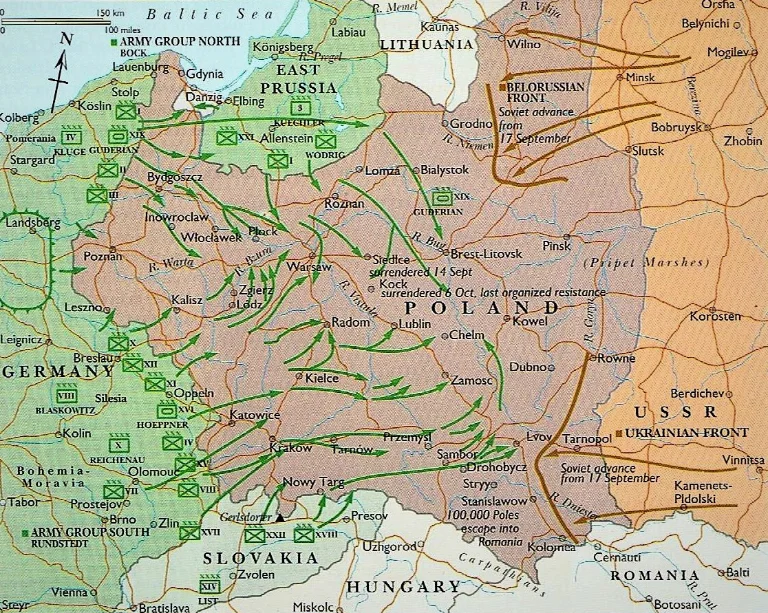 Map showing the Soviet invasion of Poland on 17th September 1939 and the advance of Soviet forces from the east