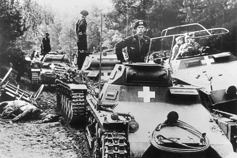 German Panzer I and II tanks advancing in column formation during the Invasion of Poland, September 1939