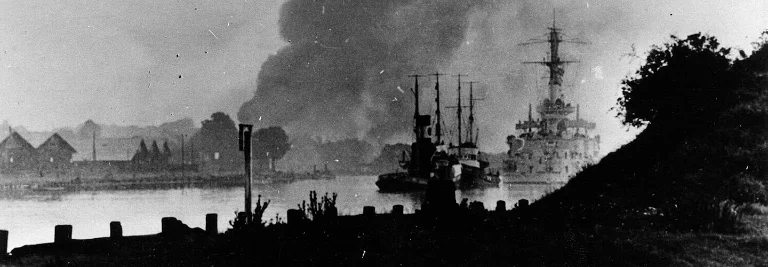 German battleship Schleswig-Holstein bombarding Westerplatte during the invasion of Poland, September 1939