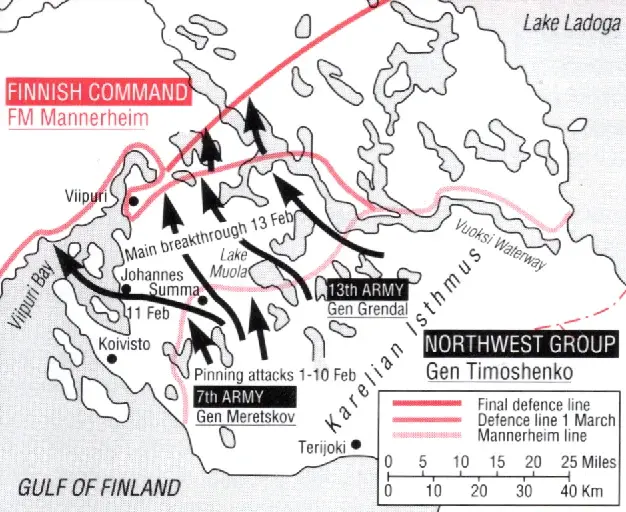 Map of the Soviet February 1940 breakthrough of the Mannerheim Line at Summa on the Karelian Isthmus during the Winter War