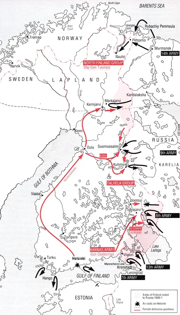 Map showing Soviet army offensives and Finnish defensive lines during the Winter War in Finland, 1939–1940