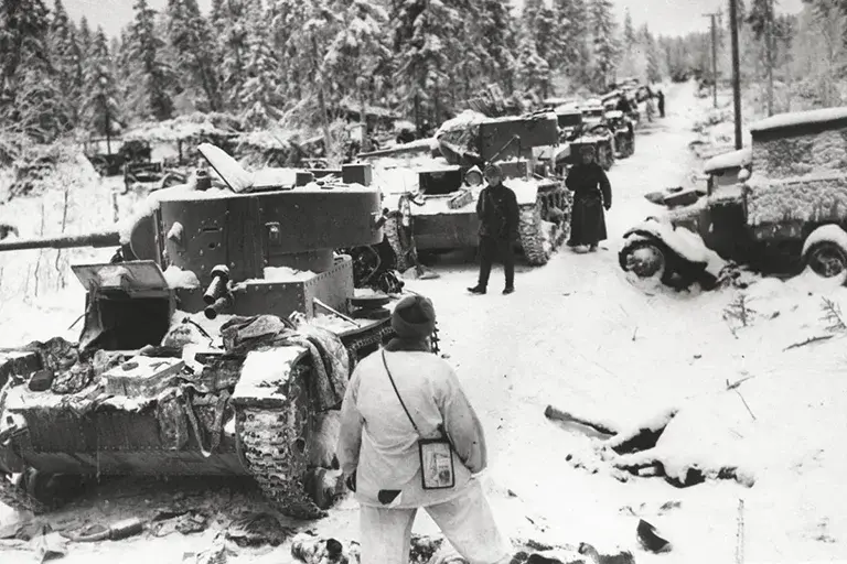 Destroyed Soviet tanks and vehicles on the Raate Road after the Finnish victory at Suomussalmi, January 1940