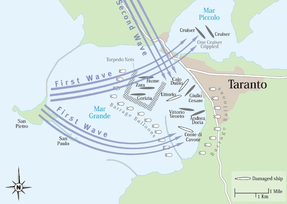 Map showing the Royal Navy air attack on the Italian fleet at Taranto harbour on 11th November 1940
