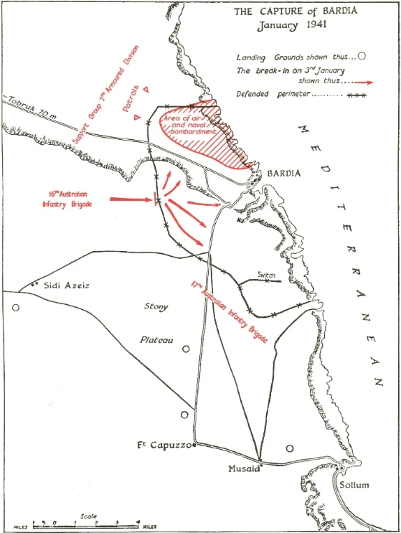Map showing the Australian assault on Bardia during Operation Compass, including the 16th and 17th Australian Brigades' breakthrough of the Italian defensive perimeter on 3rd January 1941.