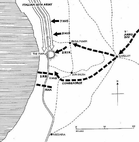 Map showing Combe Force's dash across the Libyan desert to Beda Fomm and the interception of the retreating Italian 10th Army during Operation Compass, February 1941.