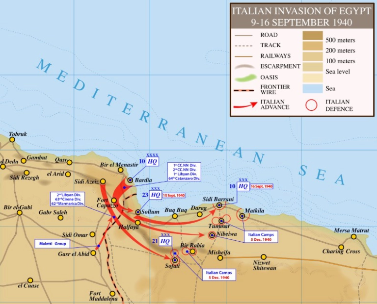 Map of the Italian advance from Libya into Egypt toward Sidi Barrani, September 1940