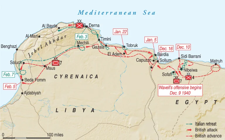 Operational map showing the British and Commonwealth advance during Operation Compass from Sidi Barrani through Bardia, Tobruk and Beda Fomm