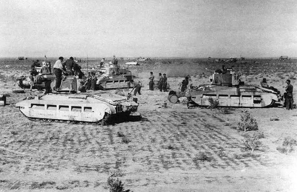 British Matilda II infantry tanks advancing across the North African desert during Operation Compass, 1940