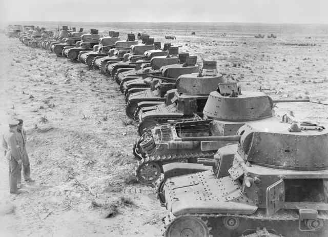 Captured Italian M13/40 tanks following the Battle of Beda Fomm during Operation Compass, February 1941.