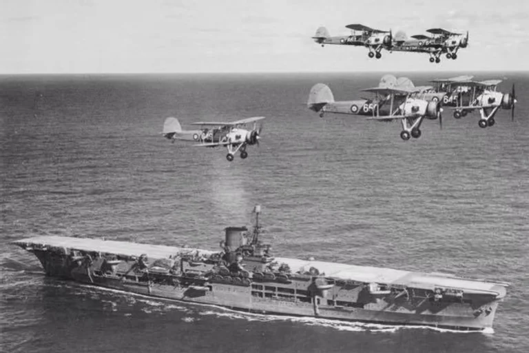 Fairey Swordfish torpedo bombers flying from HMS Illustrious before the Royal Navy attack on Taranto harbour, November 1940