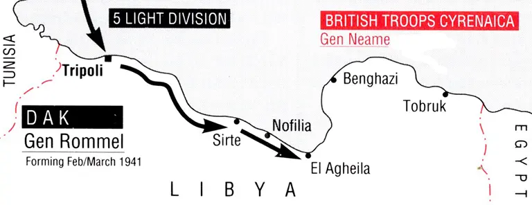 Operational map showing the arrival of the Afrika Korps and 5th Light Division at Tripoli and their advance toward El Agheila during Operation Sonnenblume, February–March 1941
