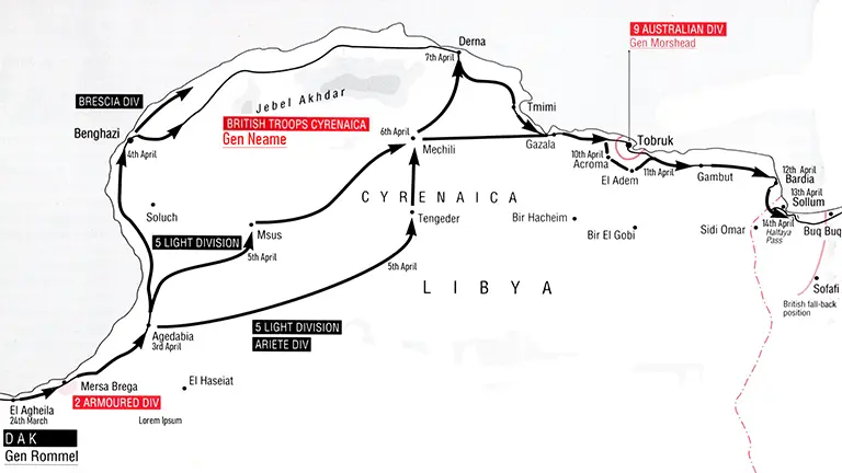 Operational map showing Rommel’s first offensive across Cyrenaica in March–April 1941, with Axis advances from El Agheila through Benghazi, Mechili, Derna and toward Tobruk