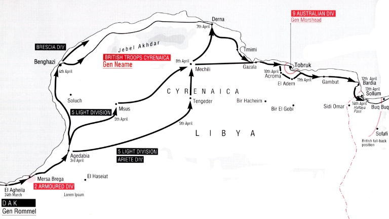 Operational map showing Rommel’s first offensive across Cyrenaica in March–April 1941, with Axis advances from El Agheila through Benghazi, Mechili, Derna and toward Tobruk