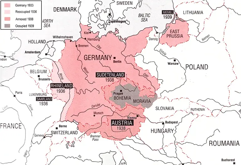 Map showing German territorial expansion in Europe from 1933 to 1939, including the Rhineland, Saarland, Austria and the Sudetenland.