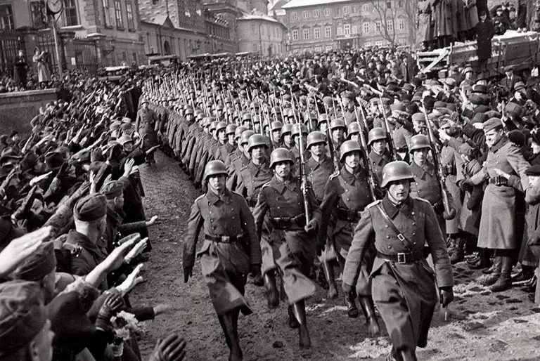 German troops marching into Prague during the occupation of Czechoslovakia, March 1939