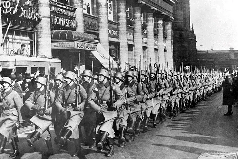 German troops marching into Cologne during the remilitarisation of the Rhineland, March 1936