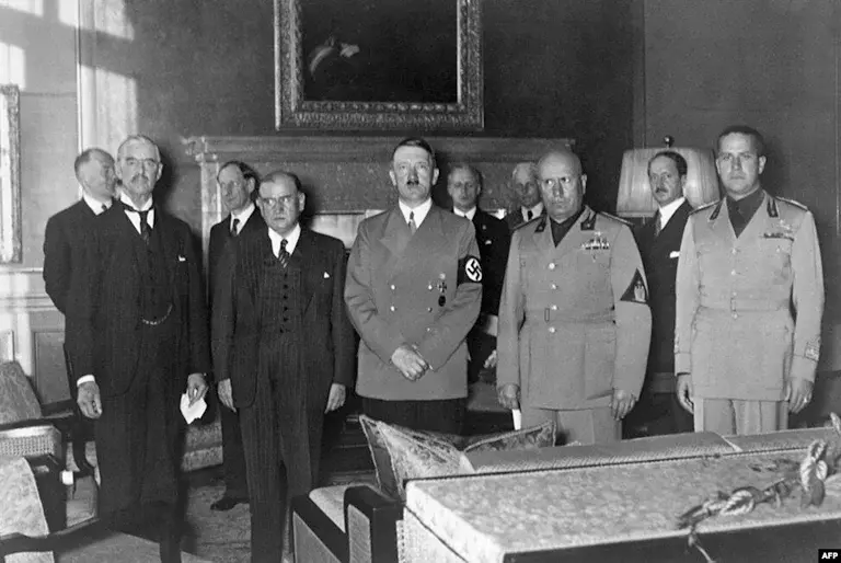 Adolf Hitler with Neville Chamberlain, Édouard Daladier and Benito Mussolini at the Munich Conference, September 1938