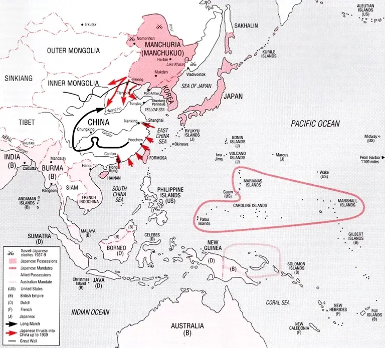 Map showing Japanese expansion in East Asia and the Pacific from 1931 to 1939, including advances into China and clashes with the Soviet Union