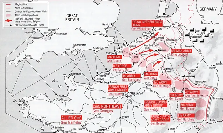 Strategic map of the Allied Dyle Plan showing French, British Expeditionary Force, Belgian, and Dutch deployments advancing into Belgium to meet a German invasion, 1940