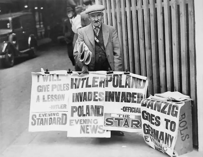 British newspaper headlines reporting Germany’s invasion of Poland on 1 September 1939, marking the outbreak of World War 2