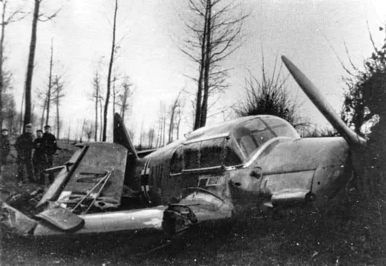 Wreckage of German Messerschmitt Bf 108 Taifun aircraft near Vucht, Belgium, during the Mechelen Incident in which Fall Gelb invasion plans were captured, January 1940