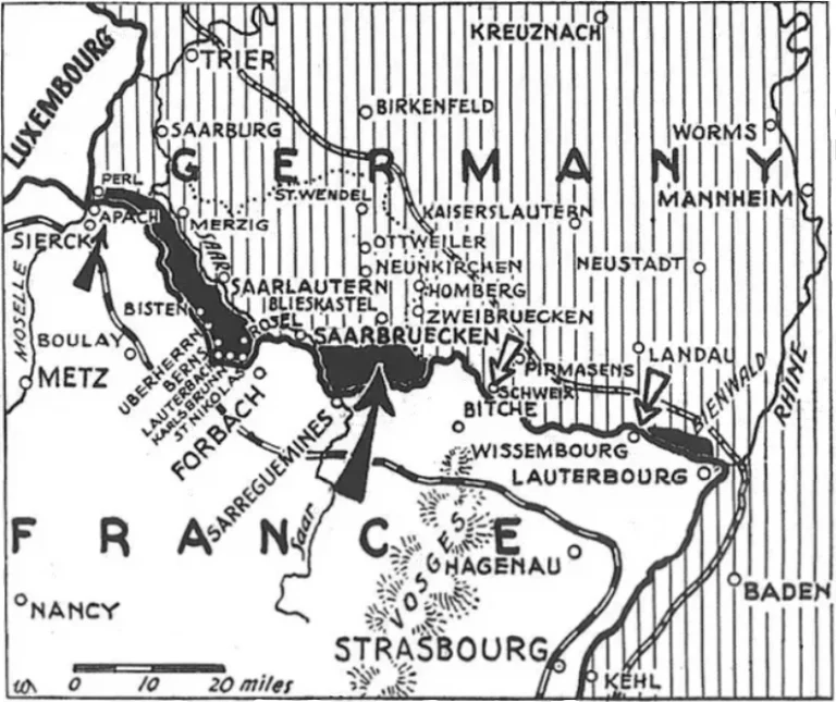 Map of the Saar Offensive showing the French advance into Germany and the limit of gains in the Saarland during September 1939