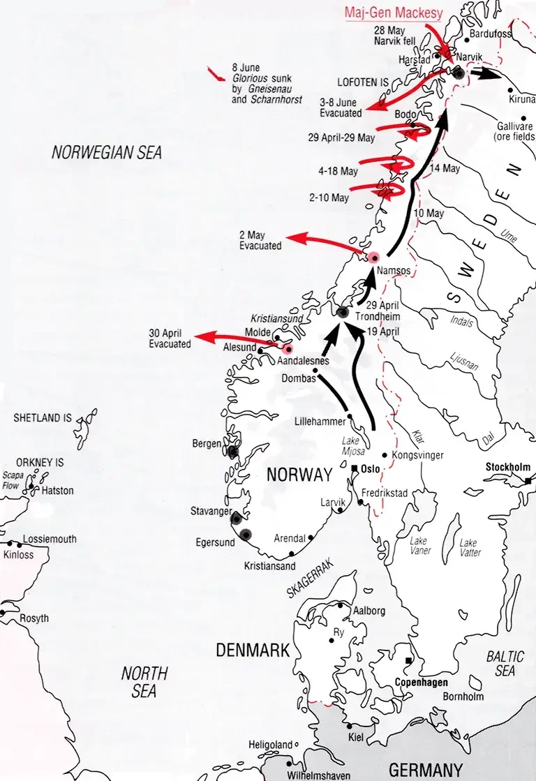 Map of Operation Weserübung showing the German advance through Norway, major landings and naval actions, and Allied evacuations from April to June 1940
